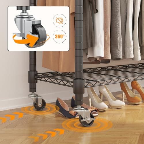 BATHWA Heavy Duty Rolling Wardrobe Rack, 8 Side Hangers, Black