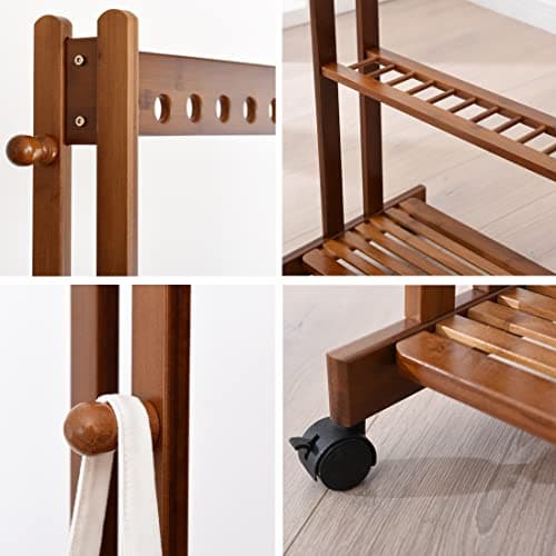 Portable Bamboo Clothing Rack with Double Layer Storage and Hooks (27.6L x 13W x 65.4H)