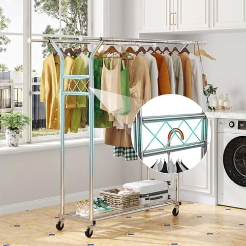 Heavy Duty Rolling Clothes Rack 400 LBS, Standing Metal Garment Rack with Shelves & Sturdy Wheels