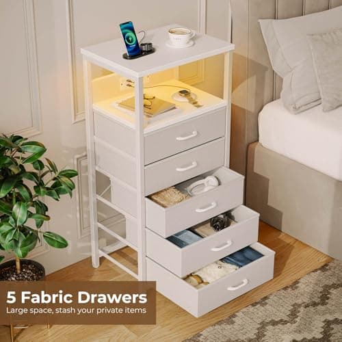 White Nightstand with 5 Fabric Drawers & Charging Station