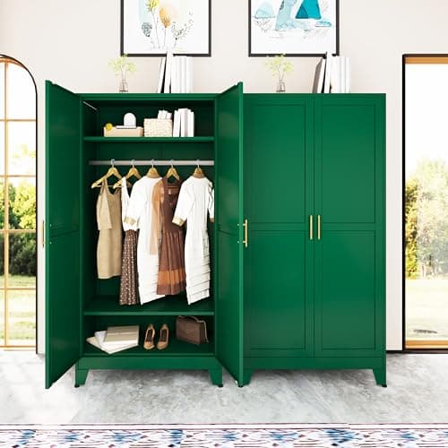 Green Metal Armoire Wardrobe with Shelves and Rod (71")