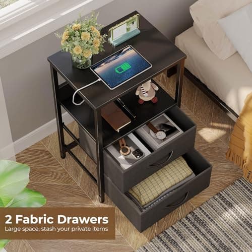 Seventable Black Nightstand with Charging & LED Lights, 3-Tier Storagedrawer