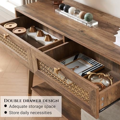 Rustic Oak Narrow Sofa Table with Drawers & Shelf, Modern Living Room Console