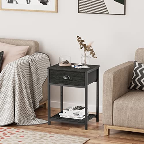 Furologee Black Oak Small Nightstand with Fabric Drawer & Storage Shelf