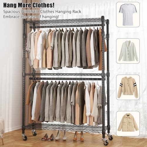 BATHWA Heavy Duty Rolling Wardrobe Rack, 8 Side Hangers, Black