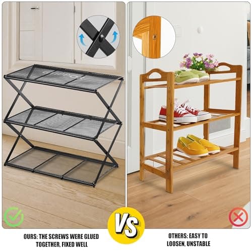 3-Tier Metal Foldable Shoe Organizer - Space Saving & Sturdy, Black