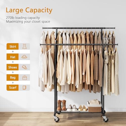 Gewudraw Heavy Duty Rolling Clothes Rack, Black, 64.2inch Chrome