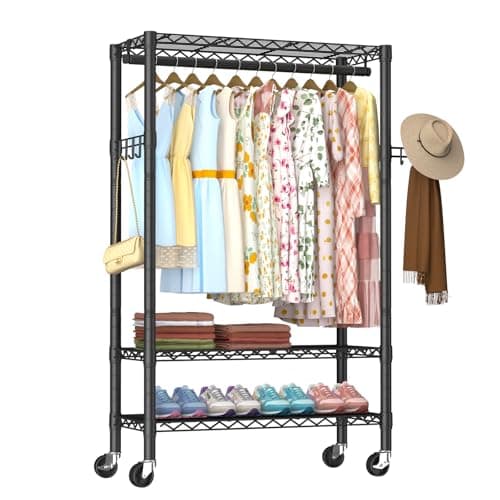 3-Tier Heavy Duty Wire Clothes Rack with Double Rods & Hooks, Freestanding Storage Wardrobe