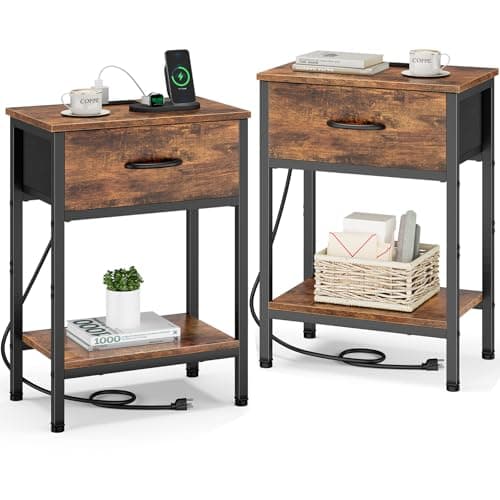 Vagusicc Charging Nightstand Set, Black, 25.4" Tall, Bedside Table with Storage