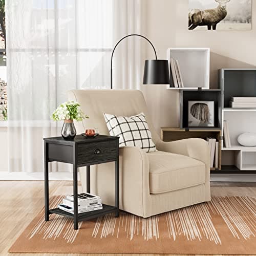 Furologee Black Oak Small Nightstand with Fabric Drawer & Storage Shelf