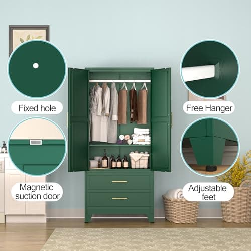 Green Metal Armoire Wardrobe with Shelves and Rod (71")