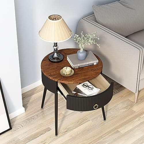 OIOG Modern Brown and Black Side Table Set, Round Nightstand with Drawer