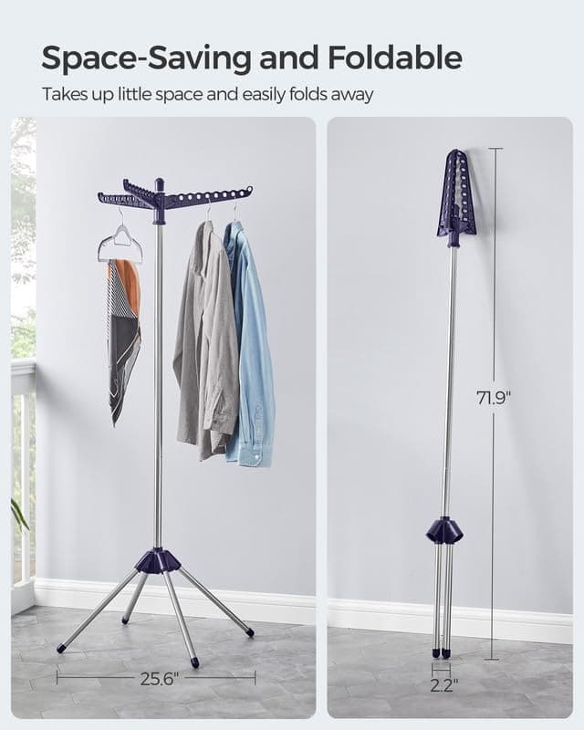 SONGMICS 59-Inch Folding Laundry Rack, 3 Rotatable Arms, Stainless Steel, Blue Silver, for 27 Clothes ULLR510Q01