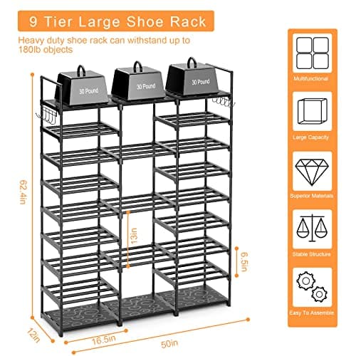 Kottwca 9-Tier Metal Shoe Organizer - Space-Saving Storage for 50-55 Pairs