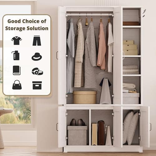 70 Wooden Armoire Wardrobe Closet with 5 Doors and Shelves for Bedroom Clothes (White)