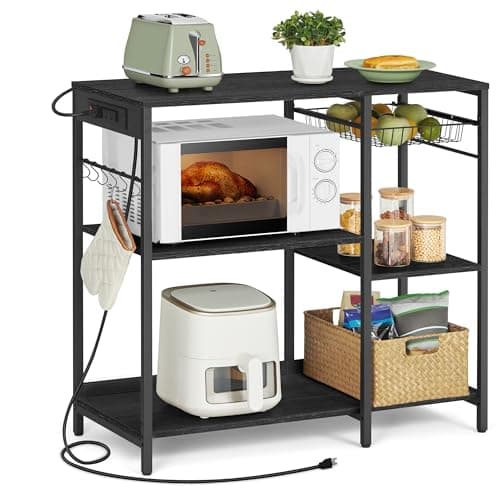 VASAGLE ALINRU Kitchen Baker's Rack, Coffee Bar Stand, 6 Hooks, Steel Wire Basket, Mini Oven Spices Utensils, Industrial