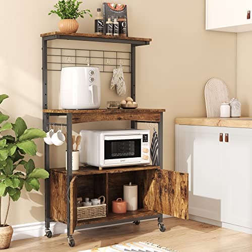 Bestier Height-Adjustable 45-55" Microwave Racks with Storage & Wheels, Rustic Brown