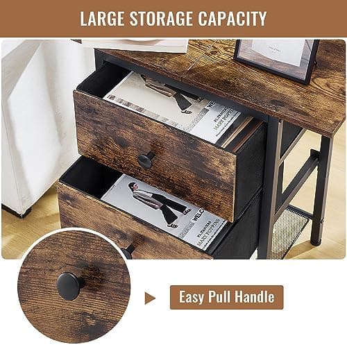 Rustic Brown End Table with 2 Drawers and 2-Tier Storage Shelf