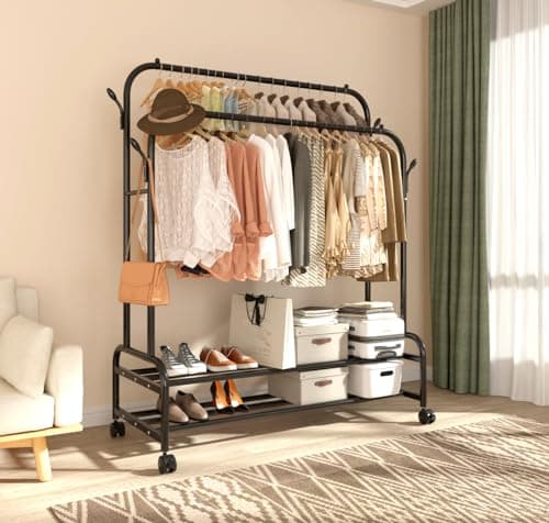 Sturdy Metal Double Rodding Clothes Rack with Wheels & Shelves, Black
