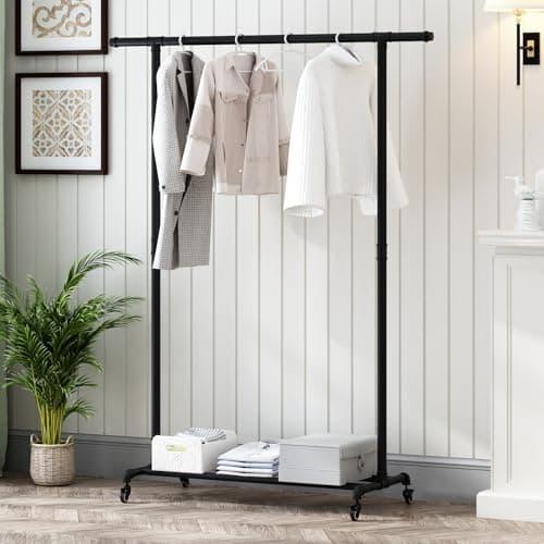Heavy Duty Black Metal Pipe Clothing Rack with Wheels for Home Use