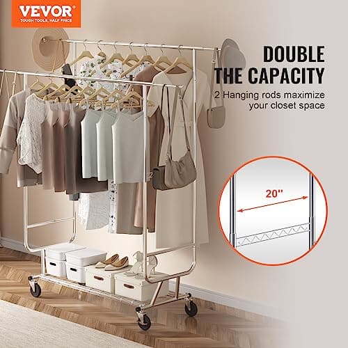 VEVOR Heavy Duty Double Rod Clothes Rack, Adjustable & Extendable, 600 lbs Capacity