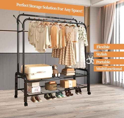 Sturdy Metal Double Rodding Clothes Rack with Wheels & Shelves, Black