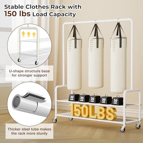 MISSLO Heavy Duty Rolling Clothes Rack with Shelves, White