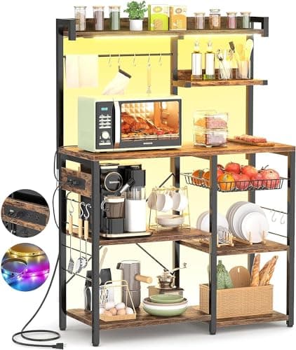 Aheaplus Rustic Brown Bakers Rack with Power Outlet & LED Lights, 10 Hooks & Wire Basket