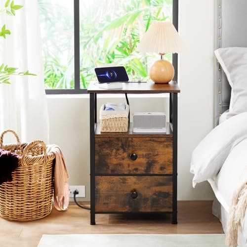 AMHANCIBLE Rustic Brown Night Stand Set with Charging Station HET05XBR
