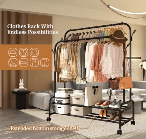 Sturdy Metal Double Rodding Clothes Rack with Wheels & Shelves, Black