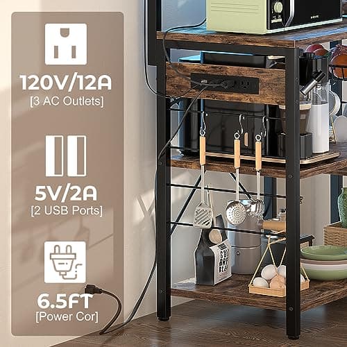 Aheaplus Rustic Brown Bakers Rack with Power Outlet & LED Lights, 10 Hooks & Wire Basket