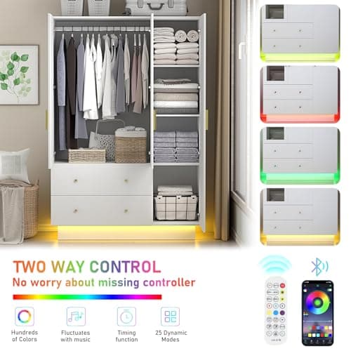 Modern White 3 Door Wardrobe with Mirror & LED Lights, Bedroom Armoire Drawers & Shelves