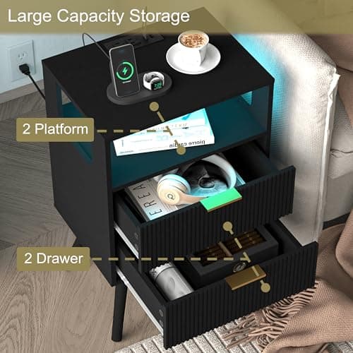 Modern Black Nightstand with Charging and LED Lights, 2 Drawers and Shelf