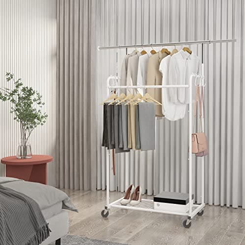 Extendable Rolling Clothing Organizer with Hooks and Shelves, White