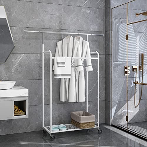 Extendable Rolling Clothing Organizer with Hooks and Shelves, White