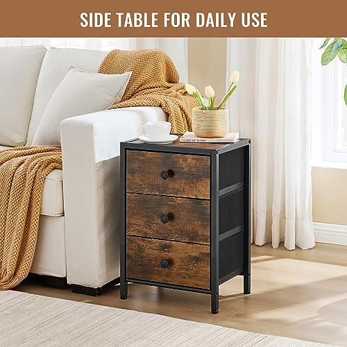 Gewudraw Nightstand: Rustic Brown End Table with 3 Drawers and Storage Shelf