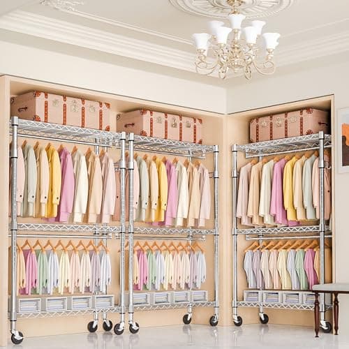 MZG Heavy Duty Rolling Clothes Rack 3 Tiers Adjustable Wire Shelving 17.7"x47.2"x83.6" Chrome