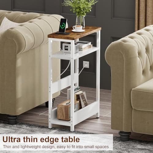 IBUYKE Narrow Side Table Set of 2 with Charging Station, White and Brown UTMZ006W-2