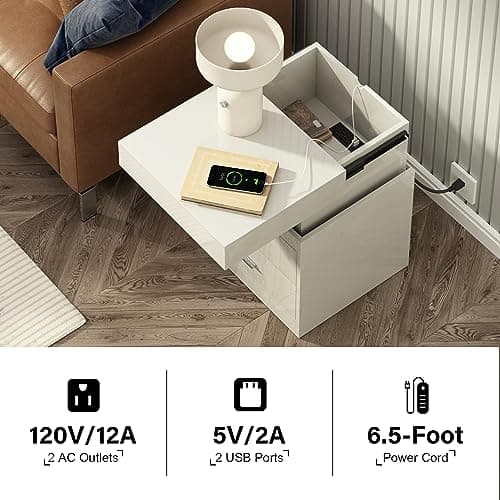 ChooChoo Smart Nightstand with Charging, Sliding Top Storage, 2-Drawers, Modern Bedside Table, White