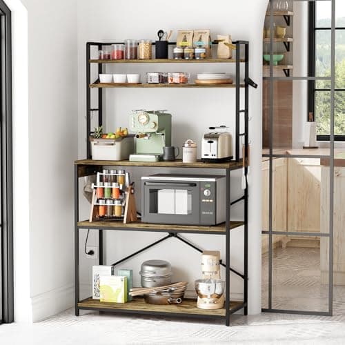 YESHOMY Heavy Duty 5-Tier Baker’s Rack with Power Outlet & Hooks, Spices Storage Shelf, Rustic Brown