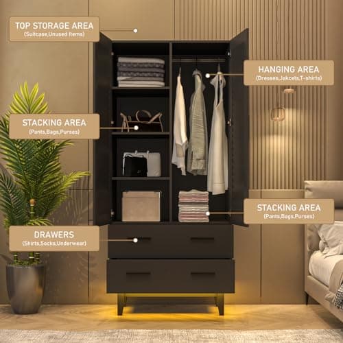 Black 2 Door Armoire Wardrobe with Drawers & LED Lights