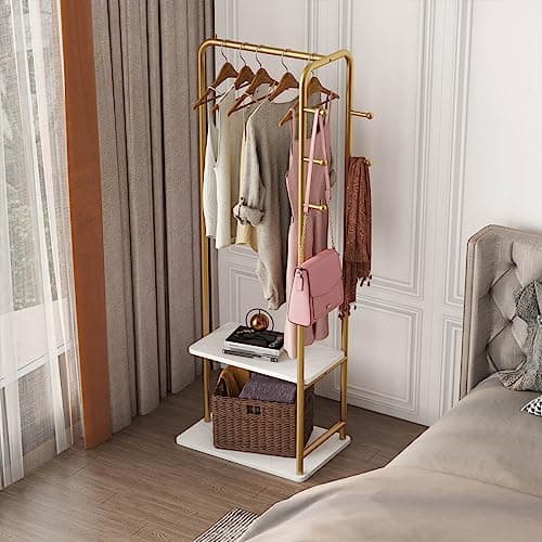 Heavy Duty Gold Metal Clothing Rack with Marble Base for Organizing Clothes, Coats, Bags, Skirts, Shirts