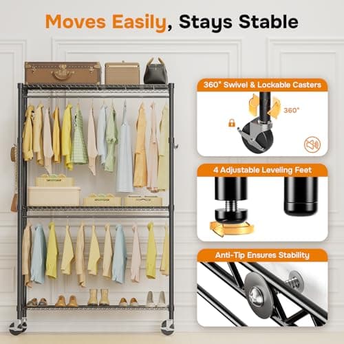 Heavy Duty 3-Shelf Rolling Clothes Rack, Black
