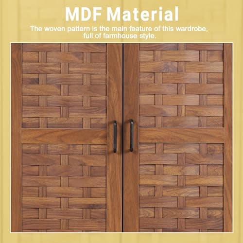 LEVNARY Walnut Freestanding Wardrobe with Woven Doors and Storage Drawers