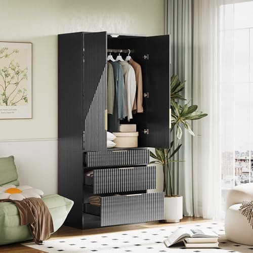 71.7" Black Freestanding Wooden Wardrobe Armoire with 2 Doors 3 Drawers
