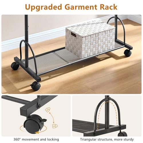Double Rod Clothes Rack with Wheels - Rolling Garment Rack with Shelf, Sturdy Closet Organizer, Easy Assembly