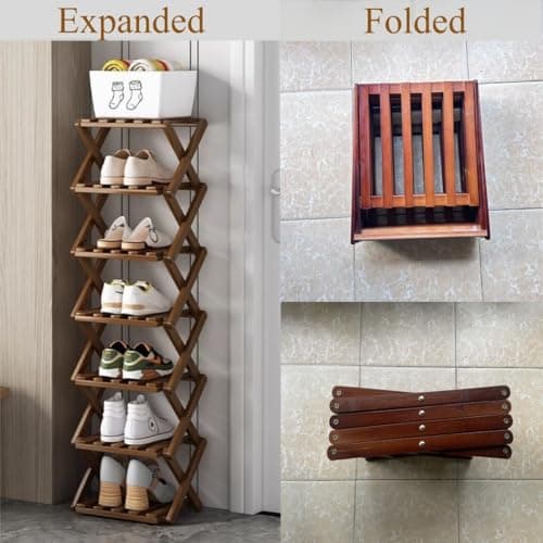 Bamboo Foldable Shoes Organizer, 4 Layers, Natural Brown | Versatile Storage Solutions