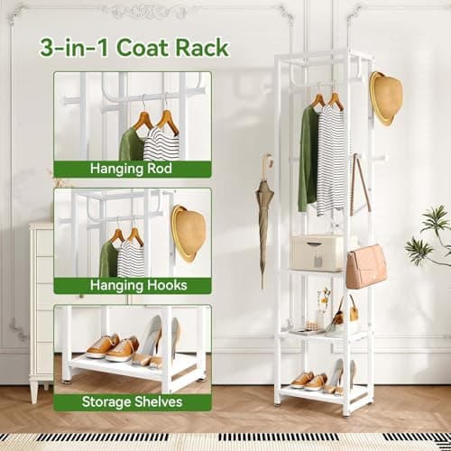 IBUYKE White Freestanding Coat Rack with 3 Shelves and 8 Hooks UTMJ088W