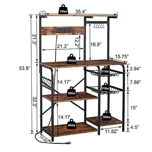 Kitchen Bakers Rack with Power Outlet and Storage