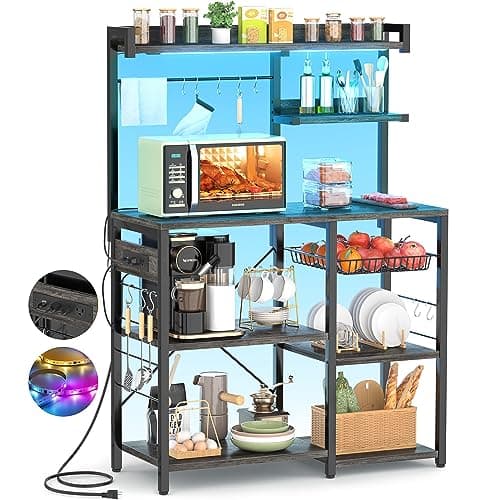 Aheaplus Rustic Brown Bakers Rack with Power Outlet & LED Lights, 10 Hooks & Wire Basket